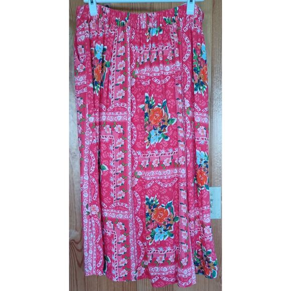 Lauren Conrad Red Floral Midi Skirt Linen Blend Women's 14 Elastic Waist Fairy - Picture 4 of 7